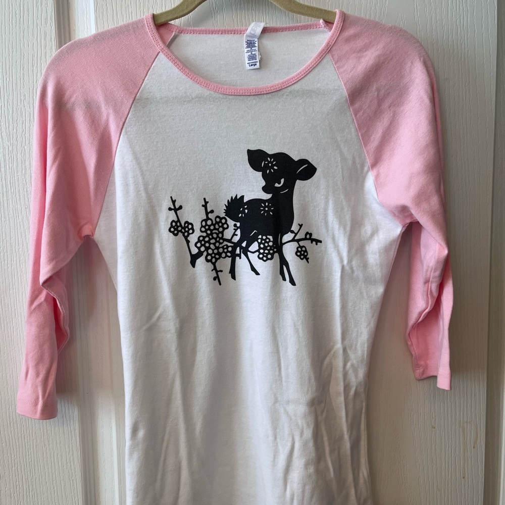 Pink and White Long Sleeve Tee with Deer Print